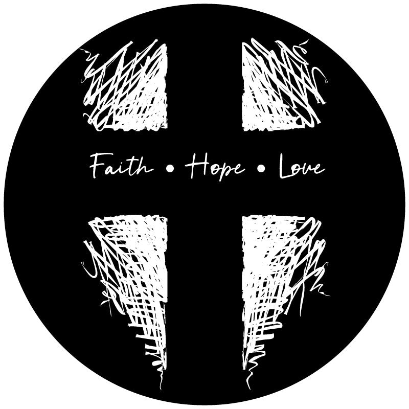Black vinyl religious Christian spare tire cover of a cross design and the words faith, hope, and love