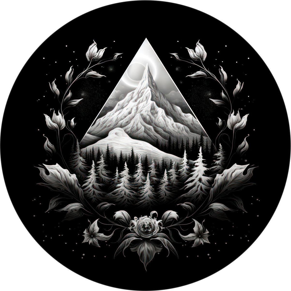 Pretty gray shaded artistic spare tire cover design with mountains and florals. The unique shading shows depth and artistry to this graphic design.