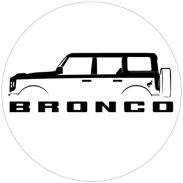 Mock up design of a custom white vinyl spare tire cover with a four door Ford Bronco silhouette, the Bronco letters below and the bucking bronco horse detail on the back fender.