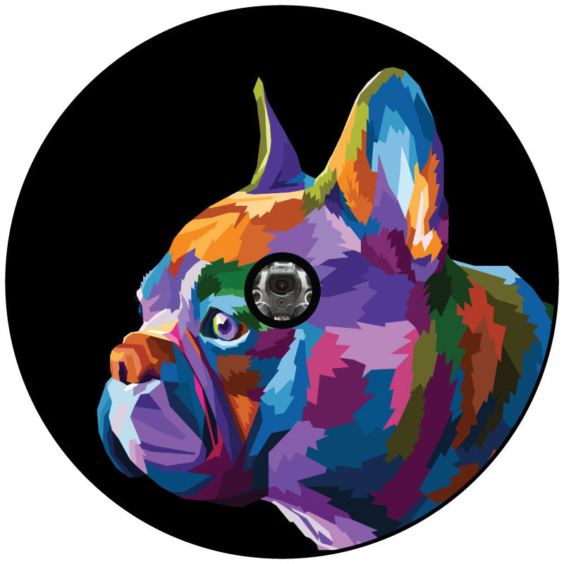 Colorful pop art french bulldog profile portrait on a black vinyl spare tire cover for Jeep, Bronco, RV, van, camper, and more with a hole for a backup camera