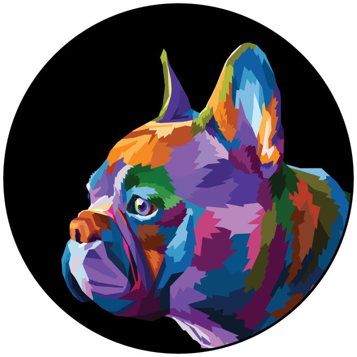 Colorful pop art french bulldog profile portrait on a black vinyl spare tire cover for Jeep, Bronco, RV, van, camper, and more