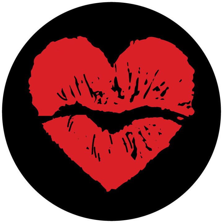 Mock up sample design of a black vinyl spare tire cover with big red lipstick kiss imprint in the shape of a heart.