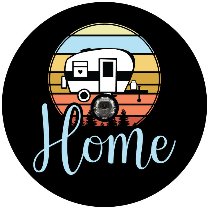 Black vinyl spare tire cover for RVs and campers with backup cameras, the image is of a small camper graphic and the word Home written in a creative font embedded into the design.