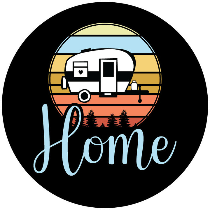 Black vinyl spare tire cover for RVs and campers with the image of a small camper graphic and the word Home written in a creative font embedded into the design.