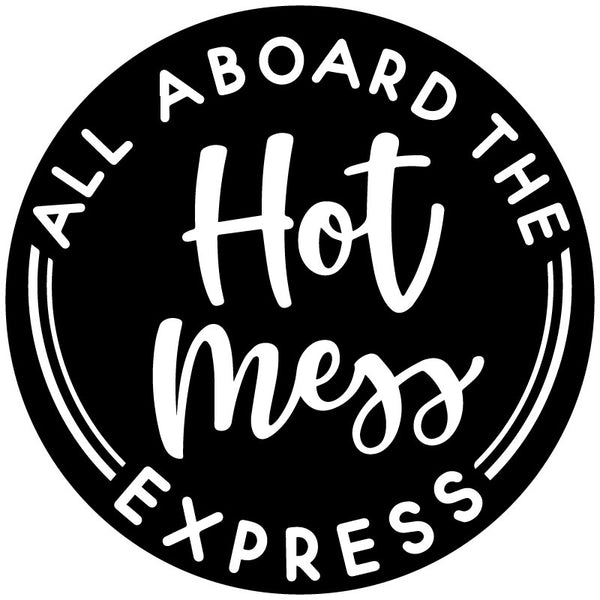 Spare tire cover mock up with playful typography design that says all aboard the hot mess express.