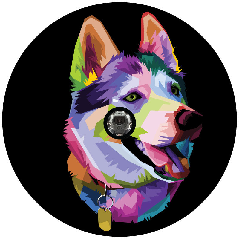 Cute colorful pop art design of a husky dog as a spare tire cover design on black vinyl with a hole for a backup camera