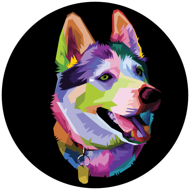 Cute colorful pop art design of a husky dog as a spare tire cover design on black vinyl