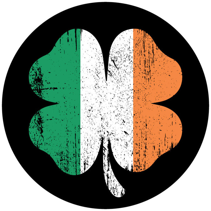 Rustic Irish flag color design inside a shamrock four-leaf clover spare tire cover design