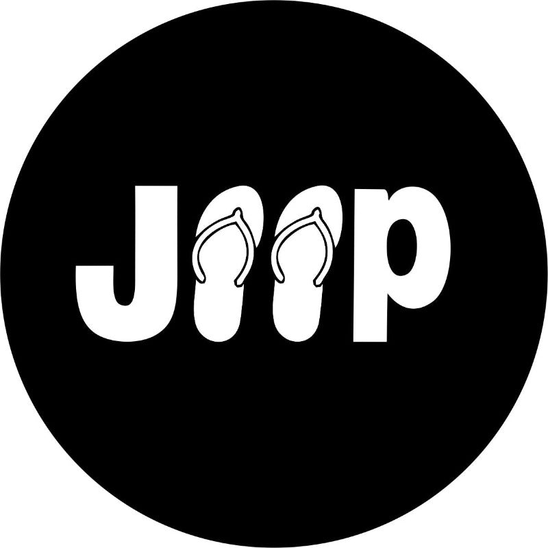 Black with white Jeep spare tire cover design with flip flops instead of E's. 
