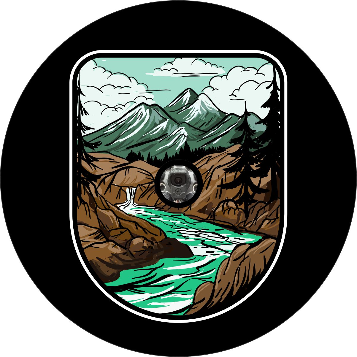 Mountains and river art inspired spare tire cover design with a hole for a back up camera.