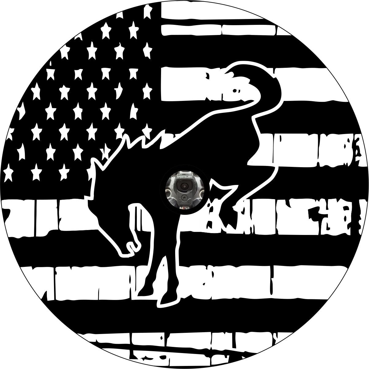 Bucking Bronco icon in front of a rustic painted American flag background spare tire cover design with a space for a back up camera.