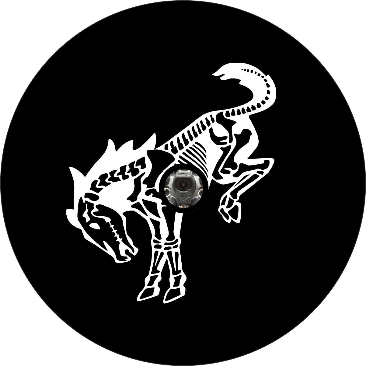 Mock up of a black vinyl spare tire cover with a Bronco horse skeleton design with a back up camera hole.
