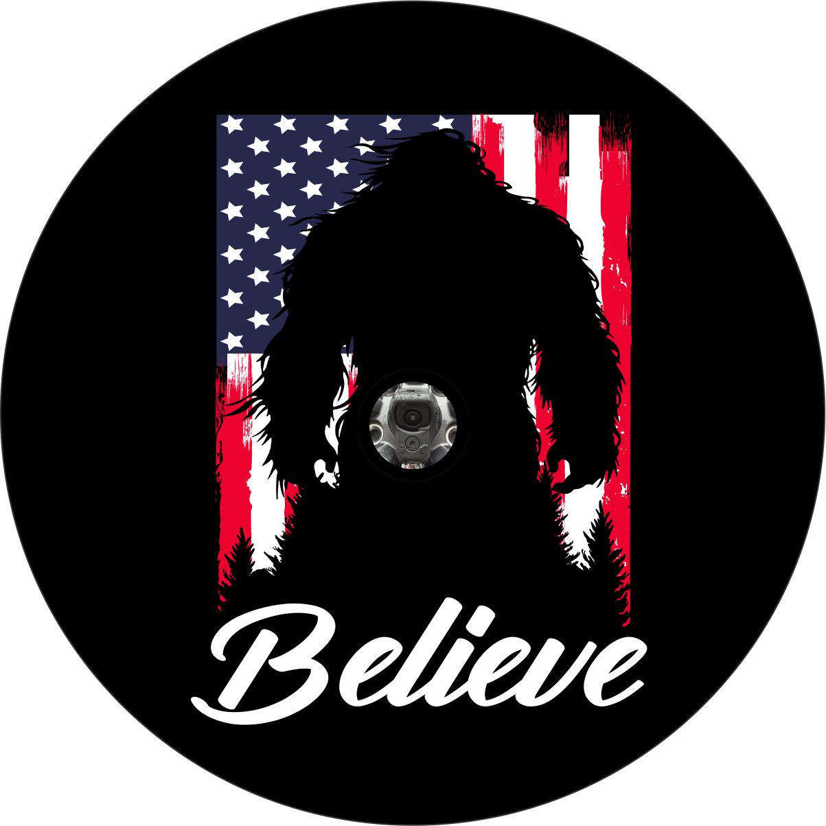 A vinyl spare tire cover design of a painted American flag with the silhouette of a sasquatch and the word believe written in cursive across the bottom + designed for a spare tire cover that needs a camera hole for a back up camera.