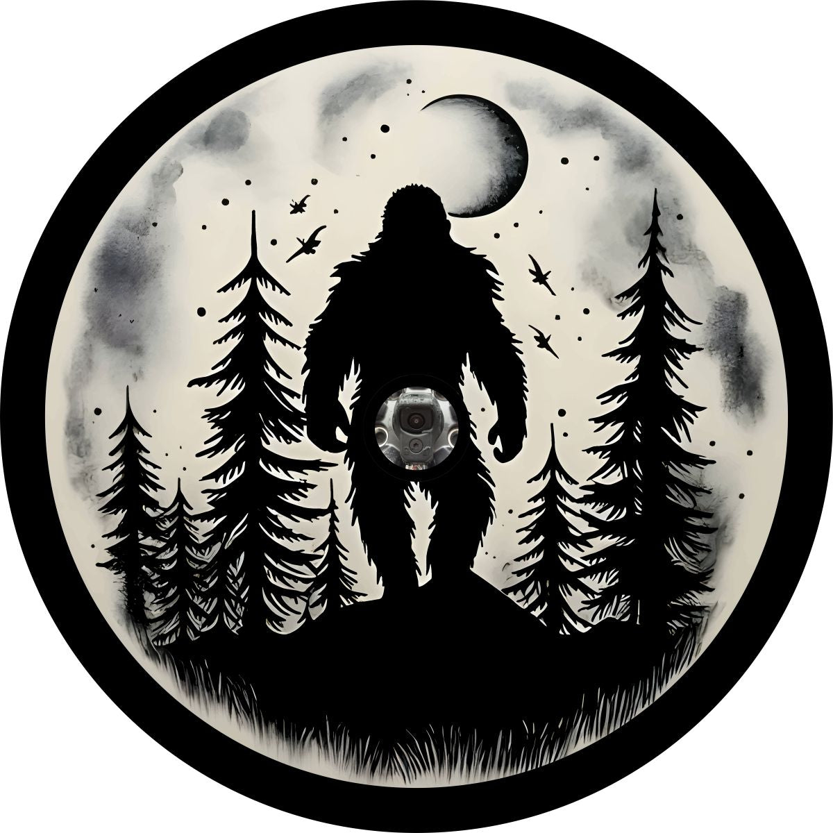 Create sasquatch spare tire cover design with a silhouette of bigfoot walking through the forest under the full moon with a hole placement for a backup camera