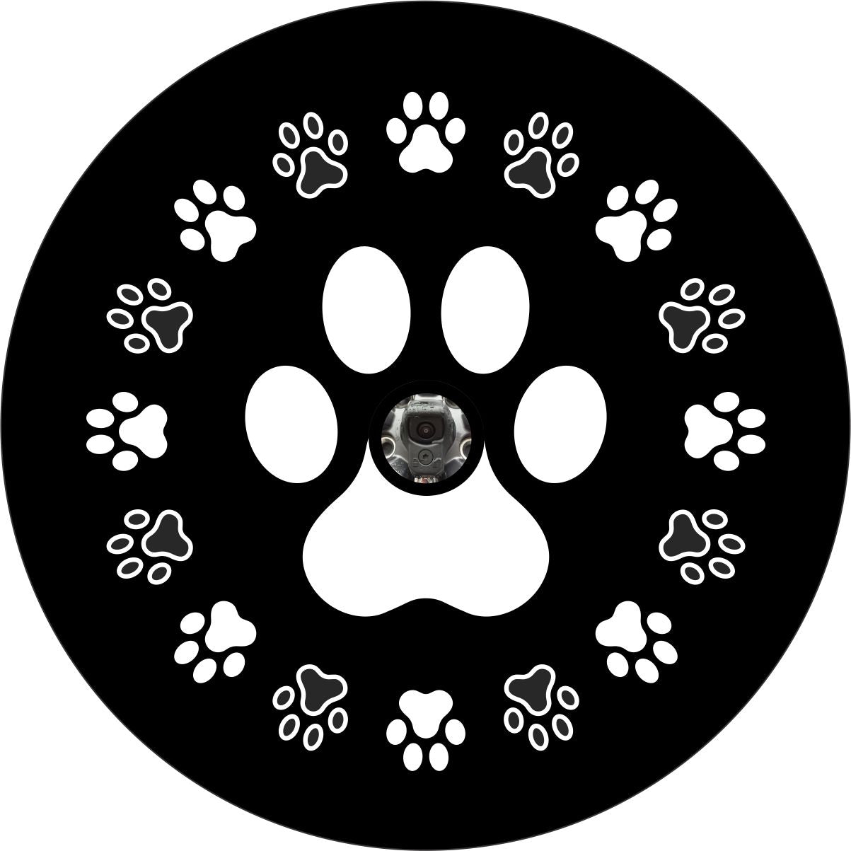 Spare tire cover design of a wreath of dog paws or a circle of small dog paws around one large dog paw with a hole for a backup camera