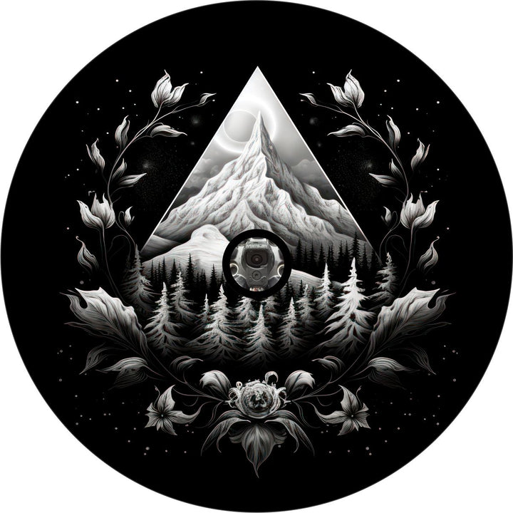 Pretty gray shaded artistic spare tire cover design with mountains and florals. The unique shading shows depth and artistry to this graphic design. Middle has a hole to accommodate a back up camera space.