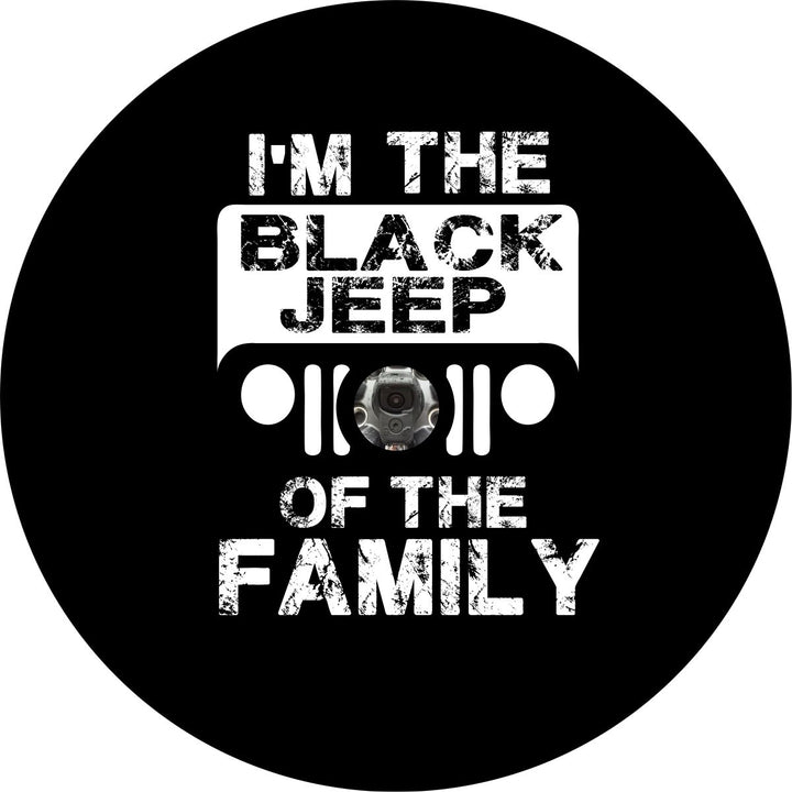 Black spare tire cover design mockup for a Jeep spare tire with back up camera of a Jeep inspired design that says I'm the black Jeep of the family.