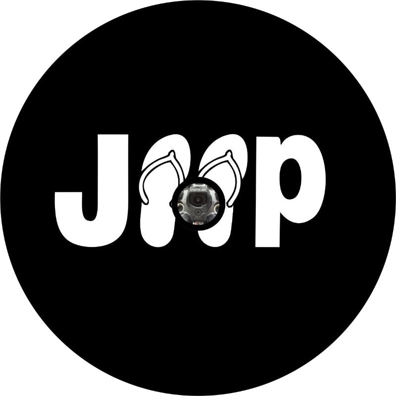 Black with white Jeep spare tire cover design with flip flops instead of E's and a hole for the backup camera port.