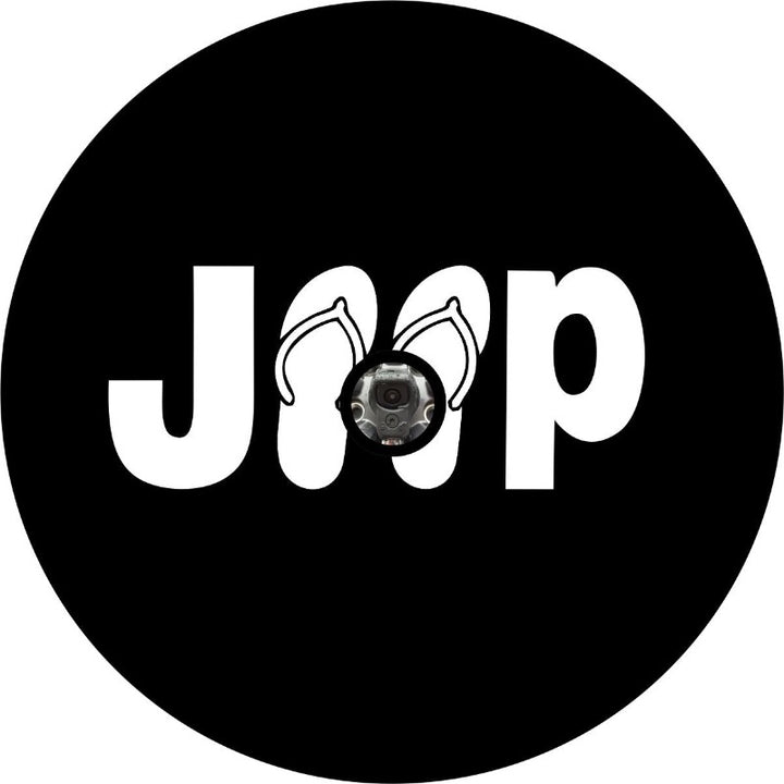 Black with white Jeep spare tire cover design with flip flops instead of E's and a hole for the backup camera port.