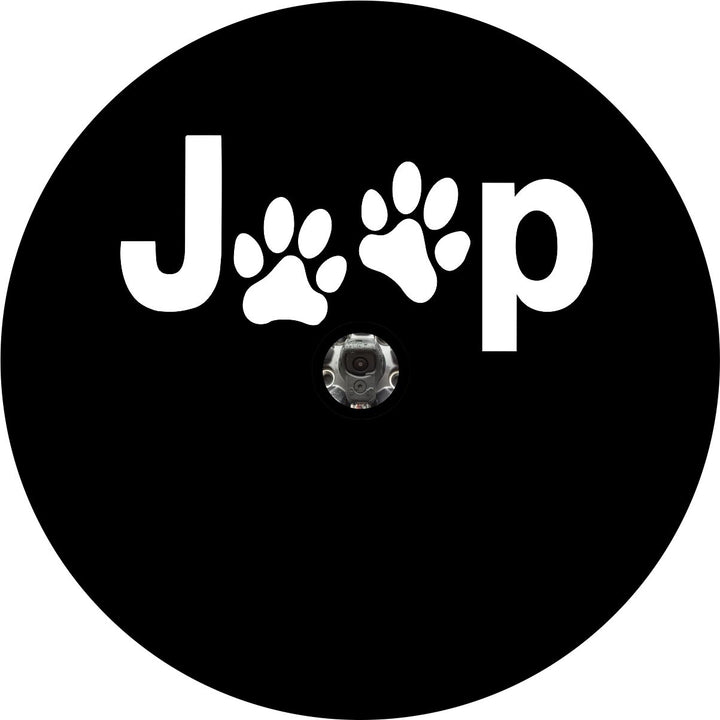 Black spare tire cover for Jeep Wrangler with two paw prints between a J and P to create a cute look for the traditional Jeep look. Design is made for spare tires with backup cameras. 