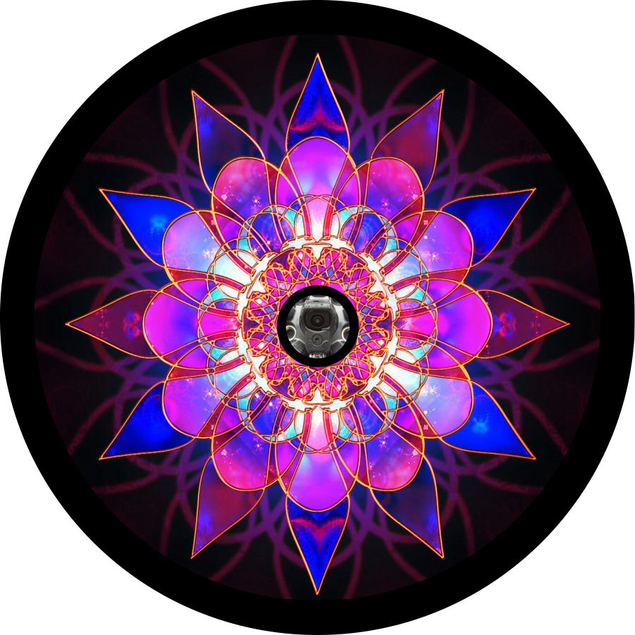 Magenta Pink Crystal Mandala Spare Tire Cover design. Beautiful stained glass lotus mandala flower as a design on a black vinyl spare tire cover with a back up camera hole for Jeep, Bronco, and any other vehicle with a back up camera on the spare tire.