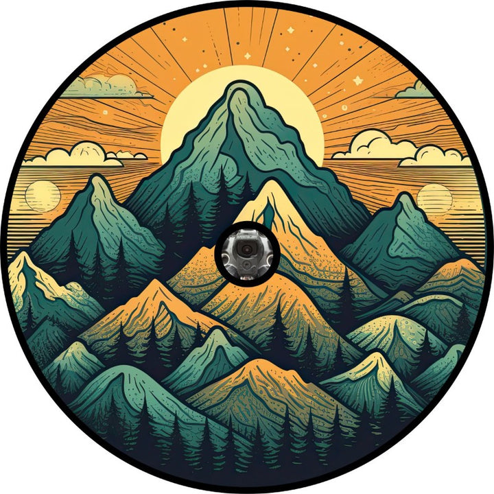Spare tire cover design for Jeep, RV, Bronco, Trailers, campers, vans, and more with a back up camera showing layers of mountains in a teal color with vibrant orange at sunset in a vintage or retro style drawn design.