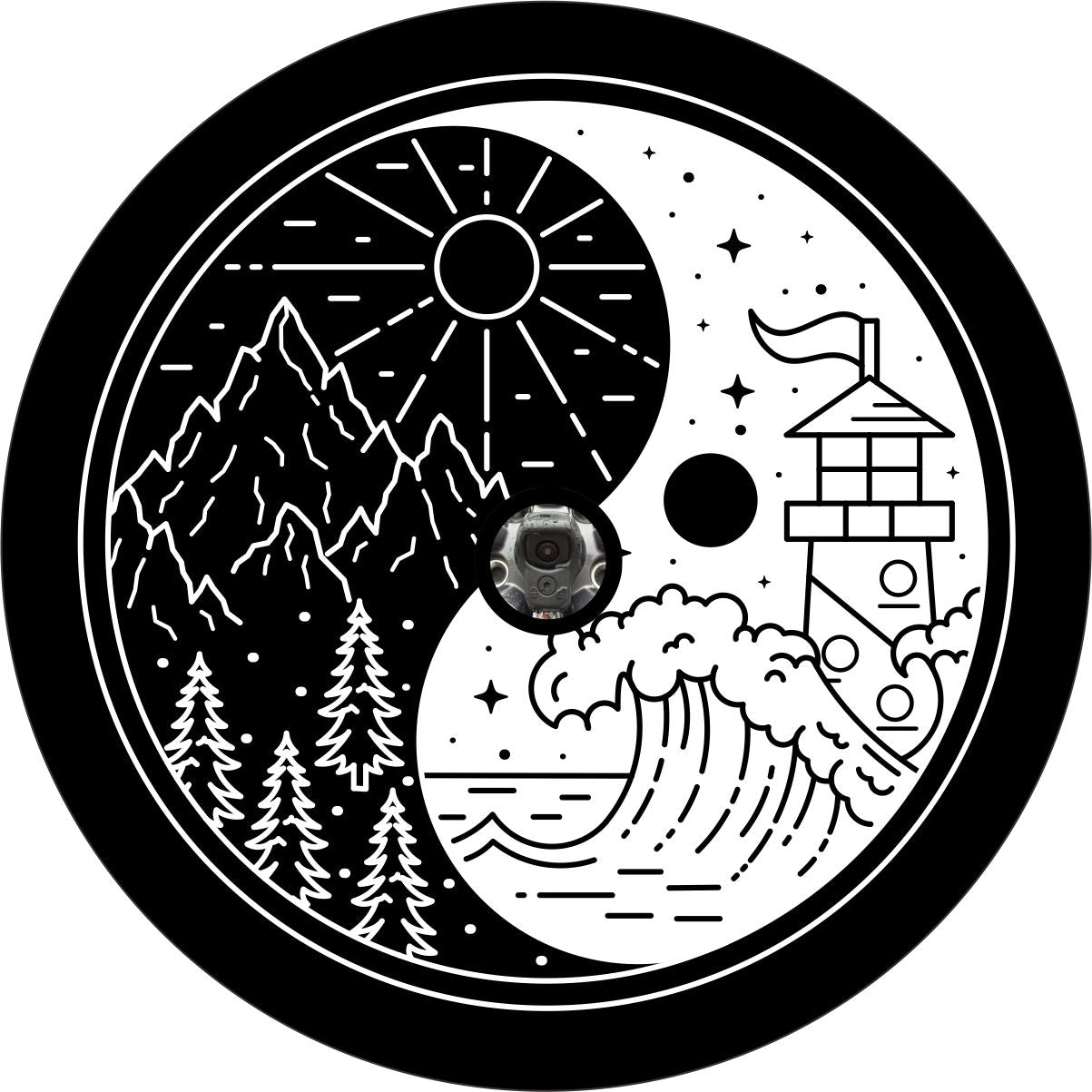 Yin yang spare tire cover design with mountains on one side and the beach and lighthouse on the other side of the yin yang symbol with a camera hole for a backup camera