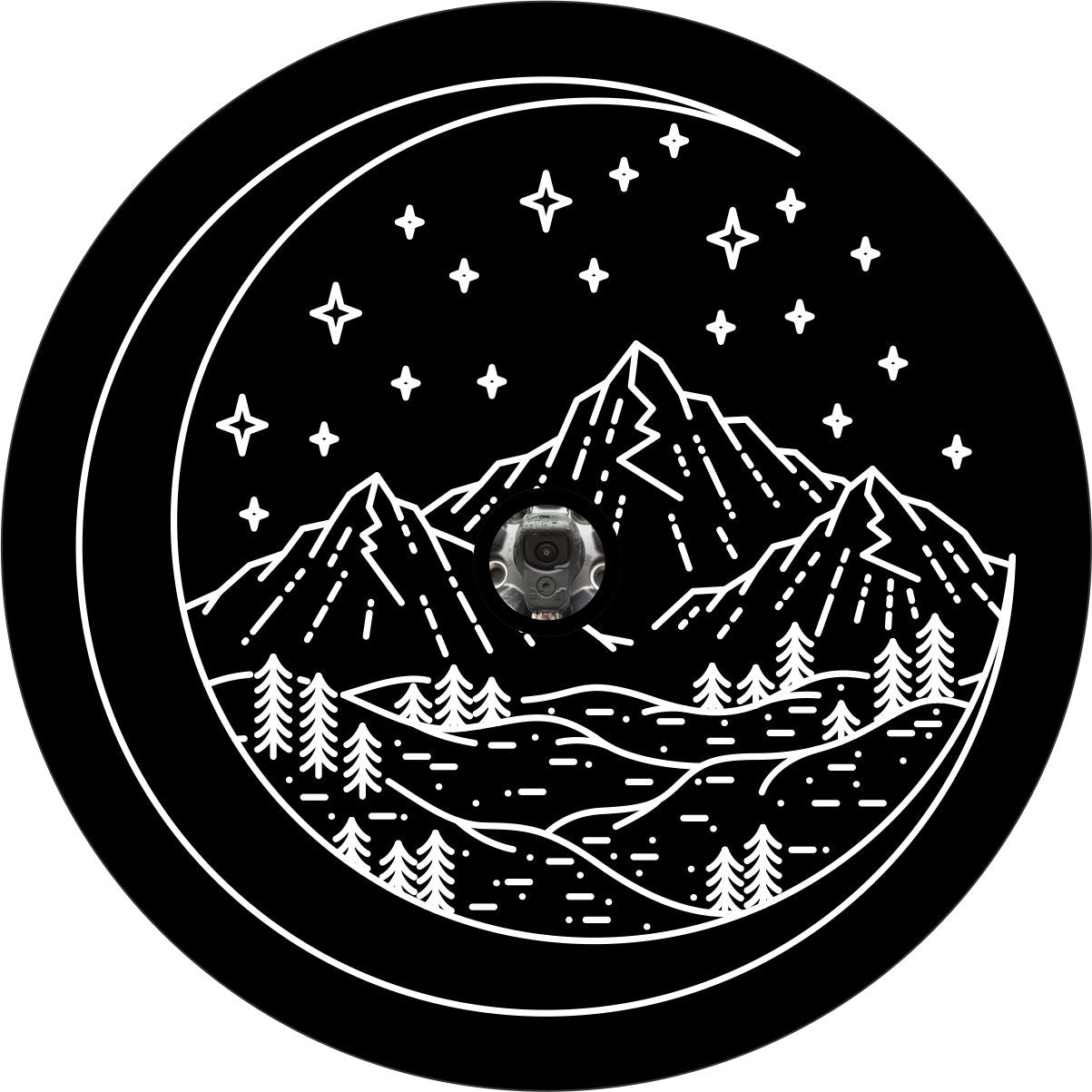 A unique spare tire cover design of a mountain scene designed int a crescent moon and a center hole space for a backup camera.
