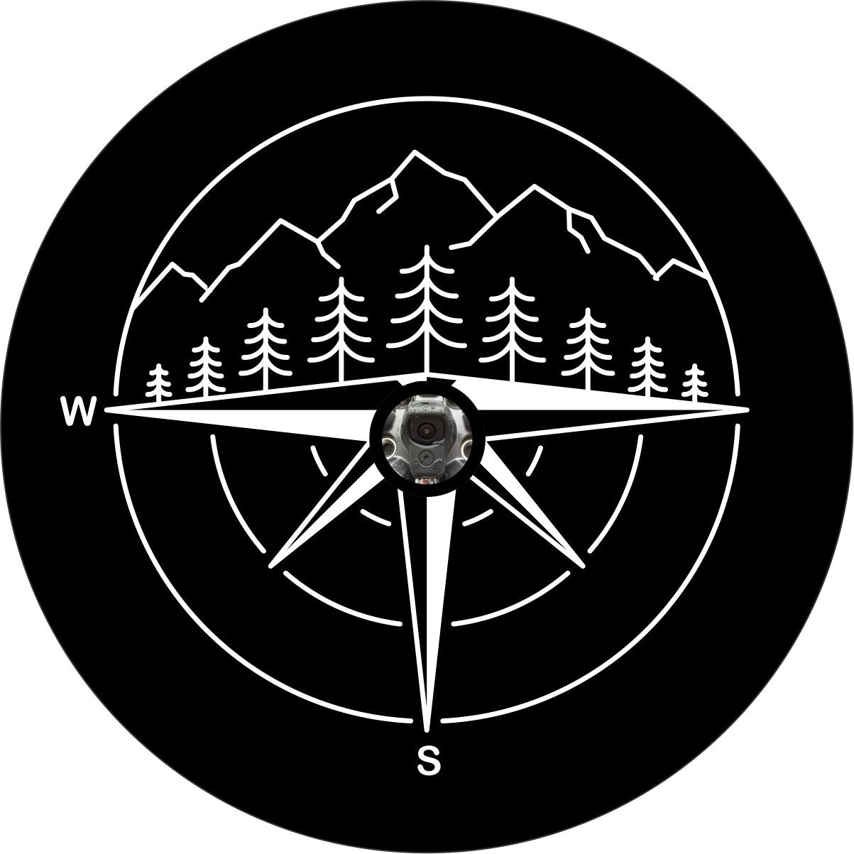 Bottom half of a compass showing south and west with a silhouette of mountains on the north side as a spare tire cover design for any vehicle with a backup camera hole.