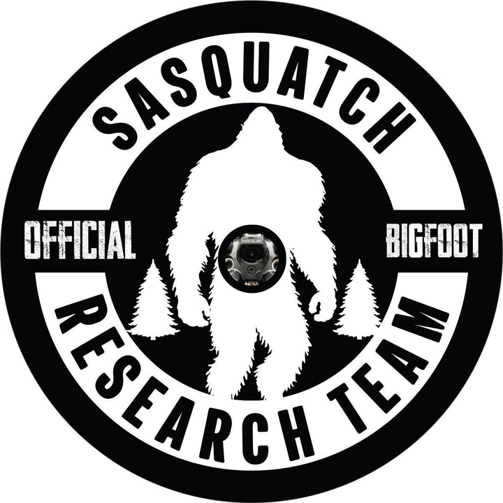 Official Bigfoot Sasquatch Research Team spare tire cover with a silhouette of bigfoot in the center and a hole for a backup camera.