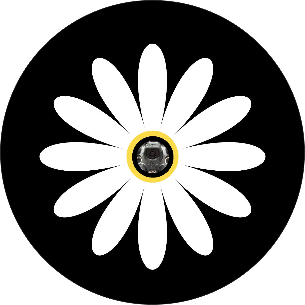 Black vinyl spare tire cover with a white daisy and yellow center. Simple spare tire cover design of a plain two color daisy and a center hole space to accommodate a backup camera built into the center of the spare wheel hang. 
