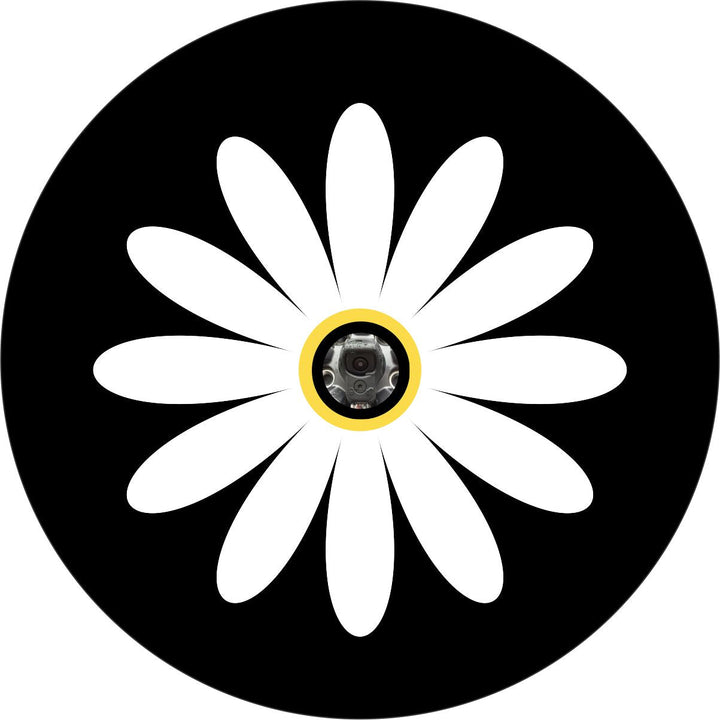 Black vinyl spare tire cover with a white daisy and yellow center. Simple spare tire cover design of a plain two color daisy and a center hole space to accommodate a backup camera built into the center of the spare wheel hang. 