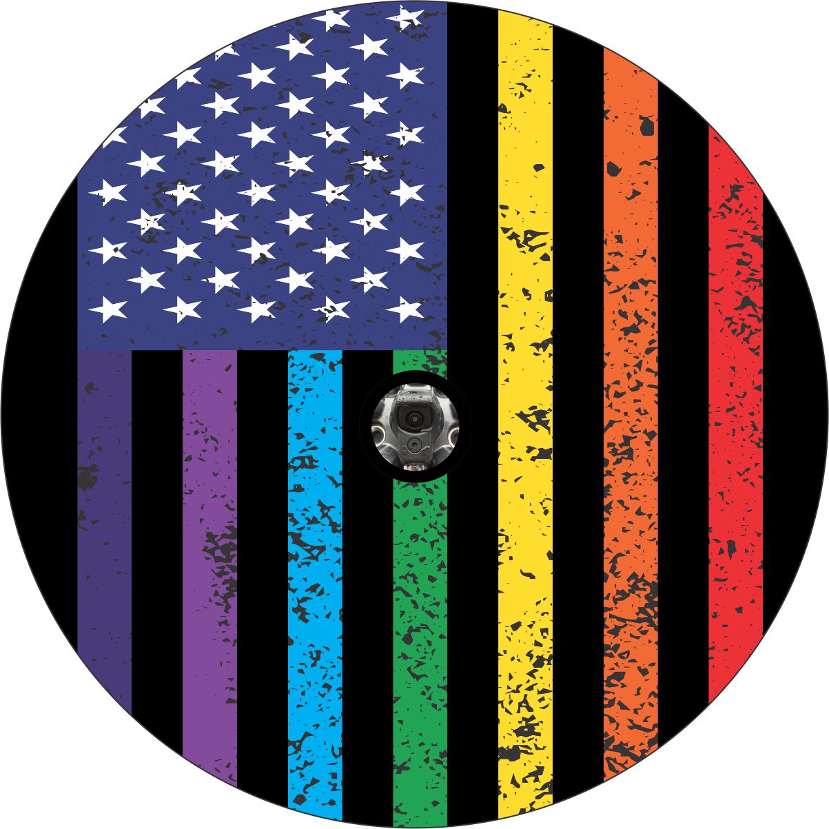 Black vinyl spare tire cover design of what looks like an American flag with white stars but with distressed rainbow colors for stripes in red, orange, yellow, green, blue, indigo, and violet plus a center hole to fit a back up camera on a spare wheel.