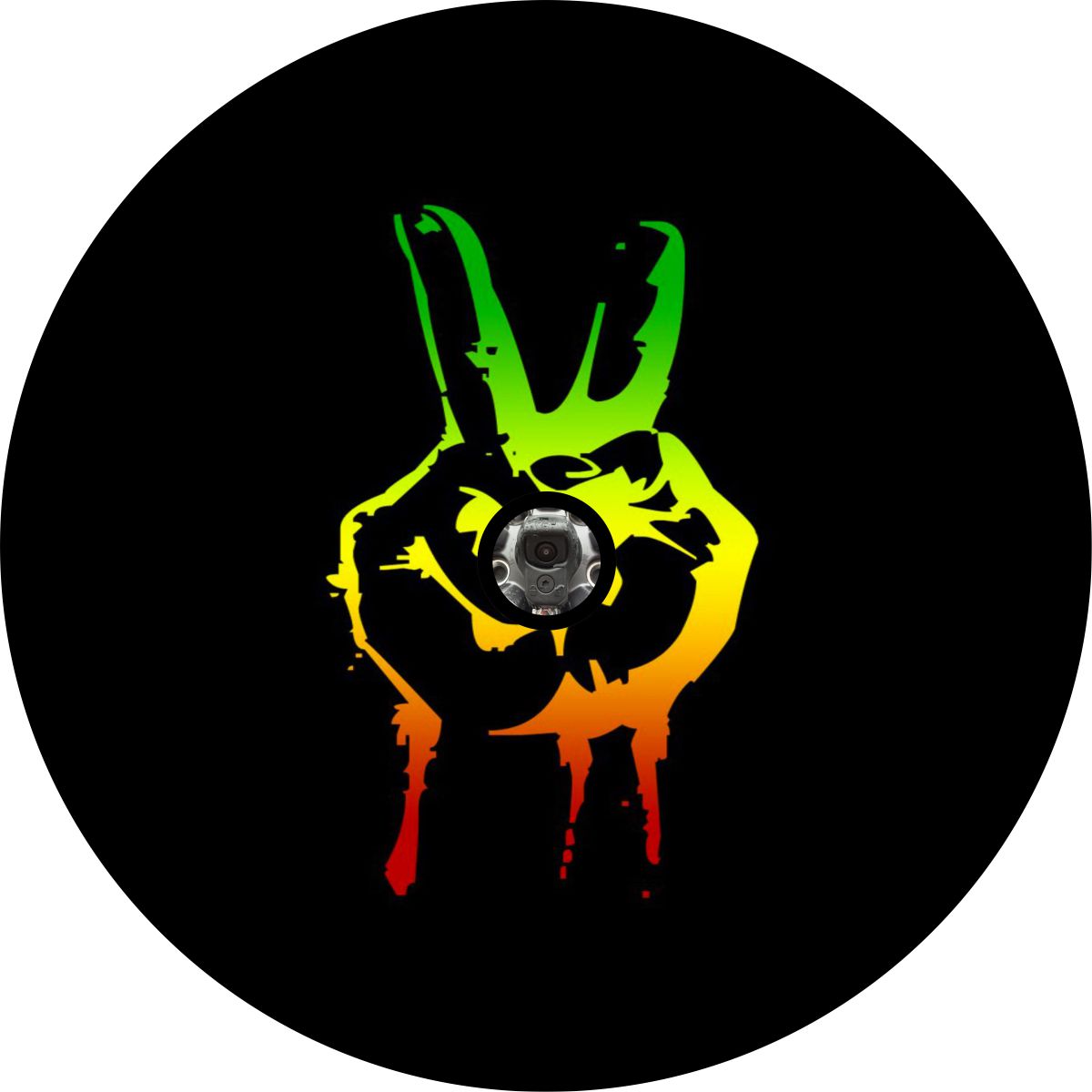  green, yellow, orange, red ombre rastafarian colored peace sign hand spare tire cover design example on black vinyl with a camera hole for spare wheels that have a center backup camera.
