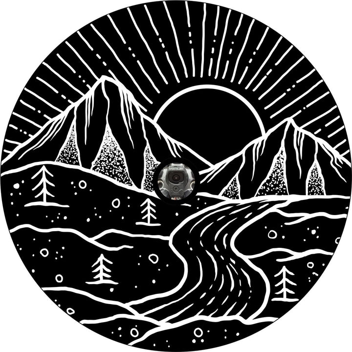 Spare tire cover design of mountains, flowing river, forest, and the sun setting covering the entire sky. Design covers seam to seam with a hole in the center to accommodate a backup camera.