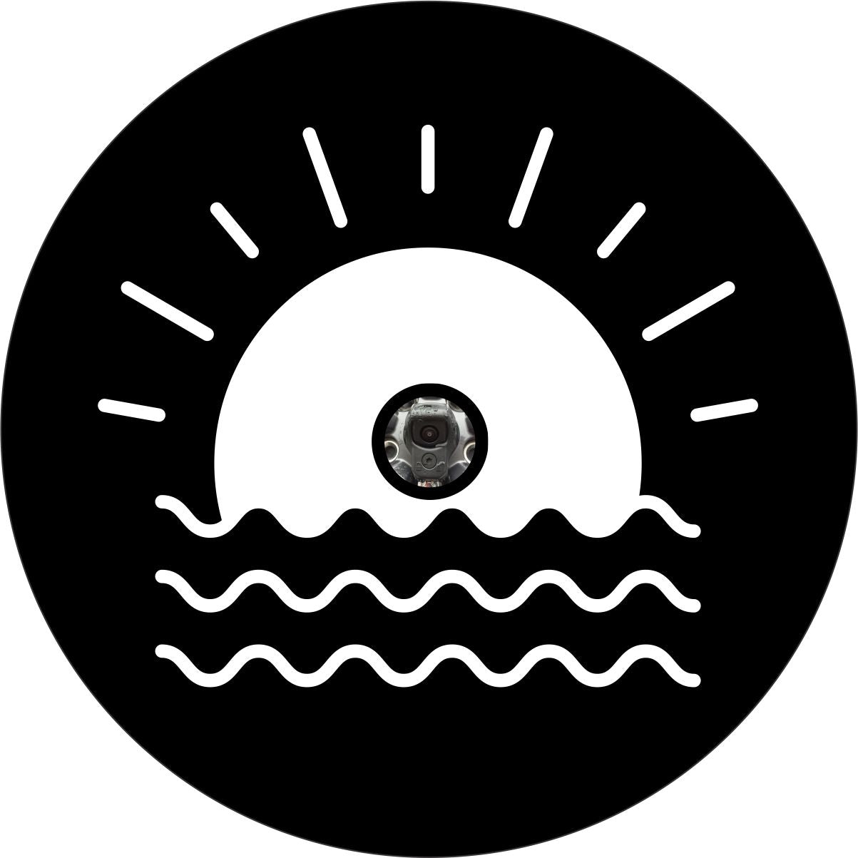 A simple sun sitting and setting on the water spare tire cover design with a hole for a backup camera.