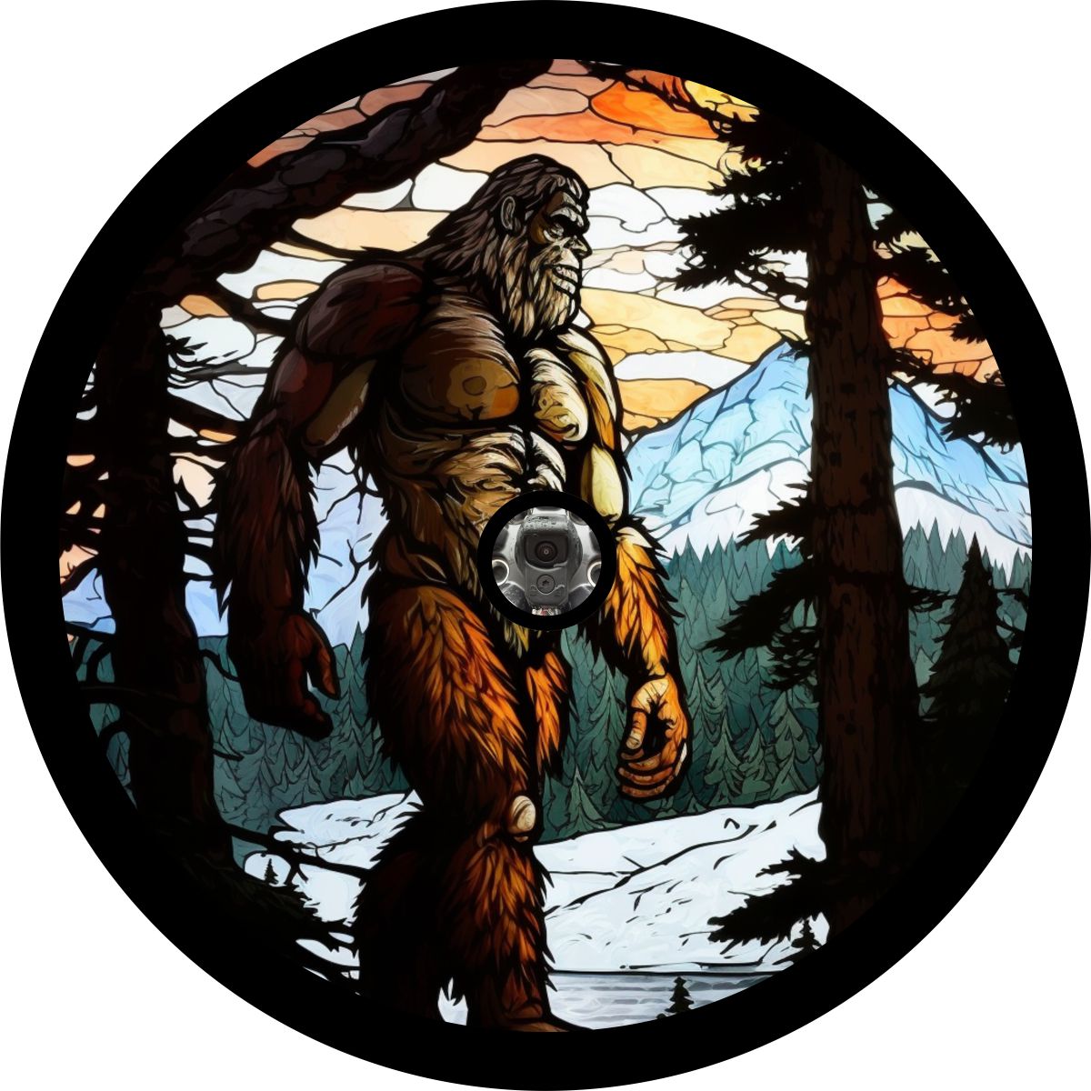 Black vinyl spare tire cover of Sasquatch designed to look like the style of stained glass for an vehicle tire cover with a format to fit a backup camera.
