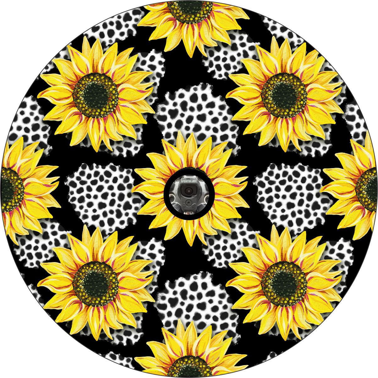 Black vinyl spare tire cover design with sunflower and leopard print plus a back up camera hole space