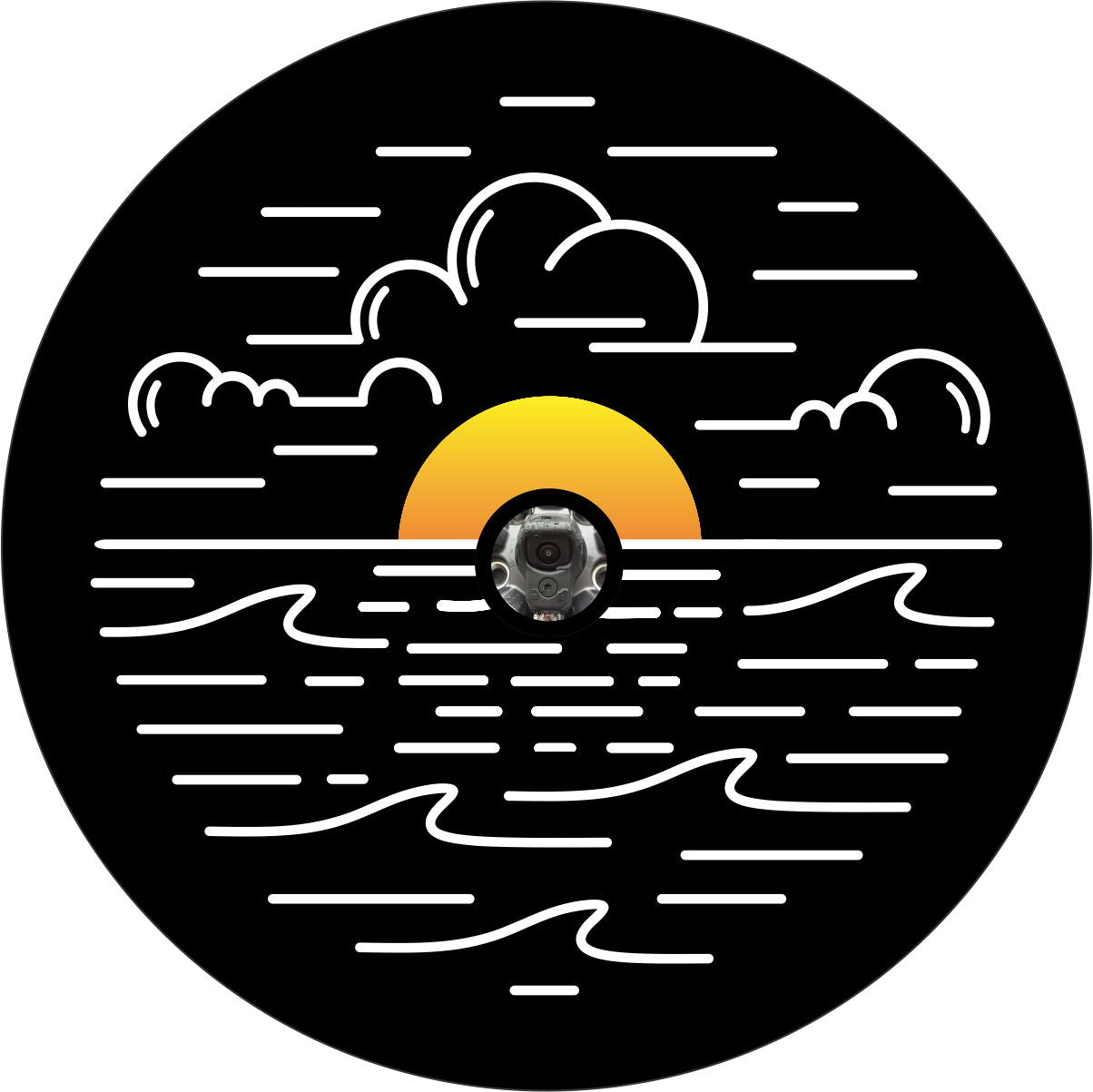White line art landscape on black vinyl design of the water ocean and sky with a bright orange and yellow sun falling on the horizon spare tire cover with a center hole to fit a backup camera that is installed on the spare tire.