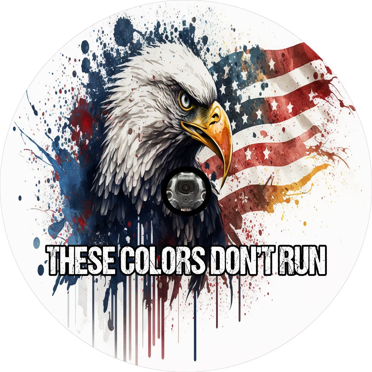 Cool spare tire cover design of a paint splattered American flag, bald eagle and saying, "these colors don't run." Design has a space sewn in to accommodate and backup camera.