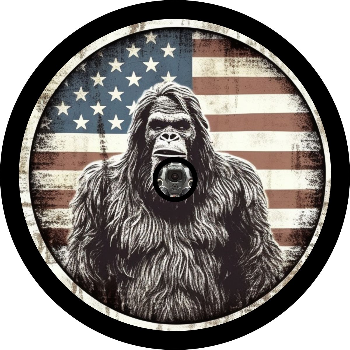 Turn of the 20th century style graphic design of a Sasquatch spare tire cover with an American Flag background and a hole for a backup camera.