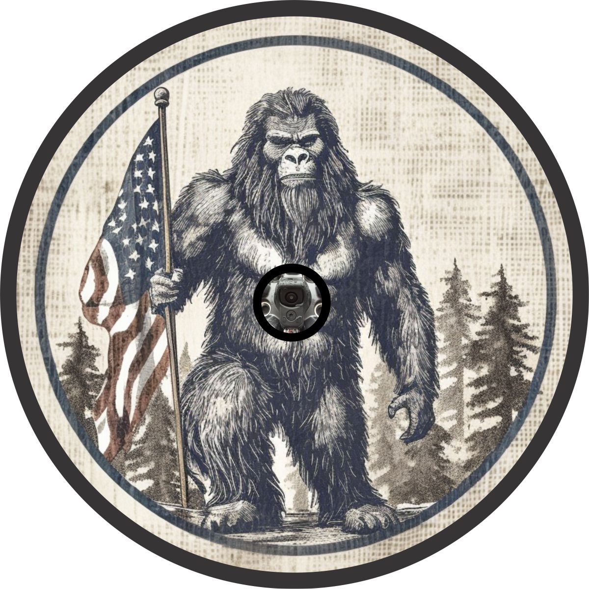 Sasquatch spare tire cover design meant to look like a sketched drawing of bigfoot standing in the forest holding an American flag and the design includes a hole intended for a backup camera.