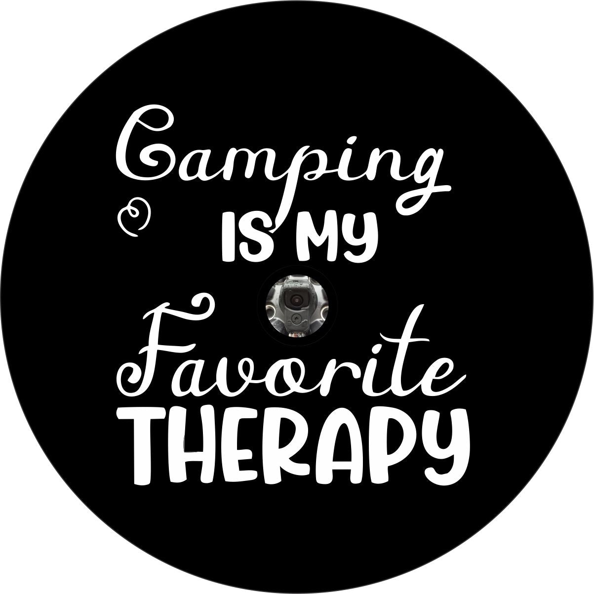 Camping is my favorite spare tire cover design mockup with backup camera hole in the center