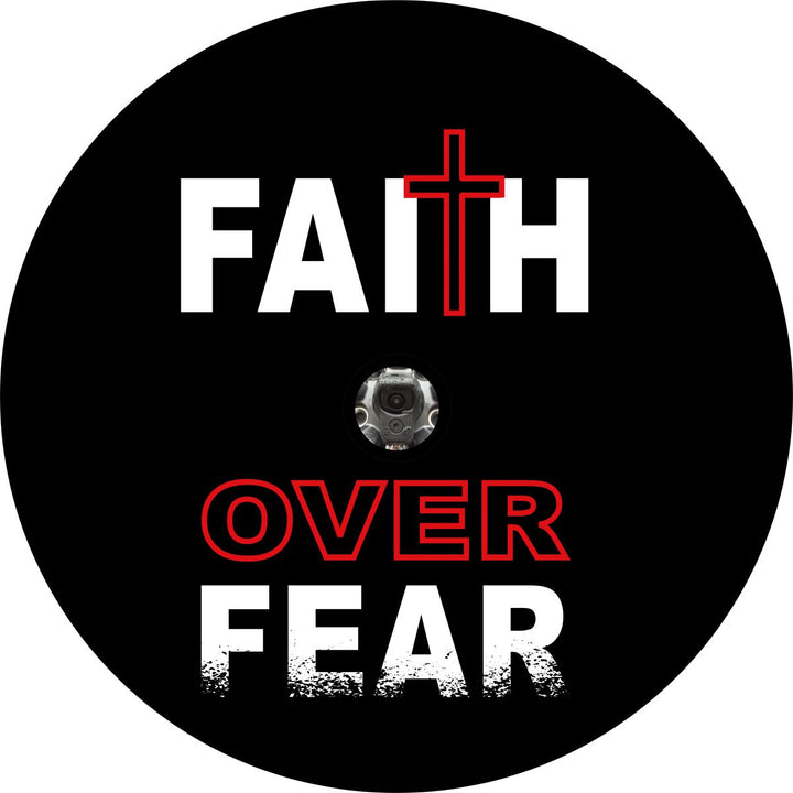 Spare tire cover mockup design that says Faith Over Fear with the T in Faith as a cross and center spacing for a backup camera cut out