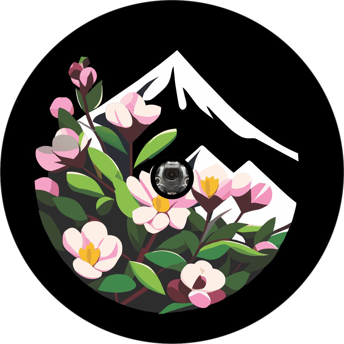 A mockup of a black vinyl spare tire cover accessory and a camera hole in the center of an illustration of a mountain and mountain laurel