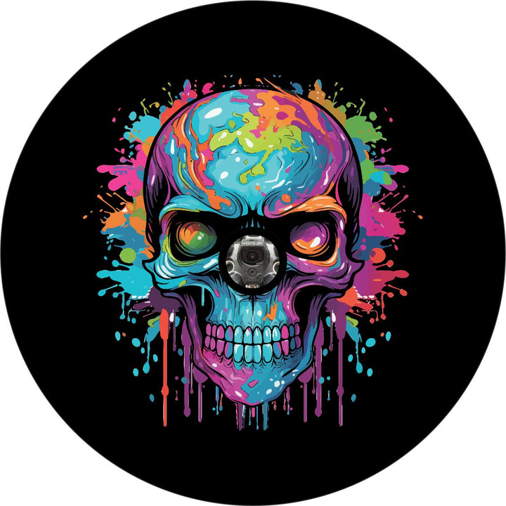 Colorful spare tire cover design of a watercolor paint splatter skull on black vinyl for Jeeps, Broncos, RVs, Campers, and more with a backup camera