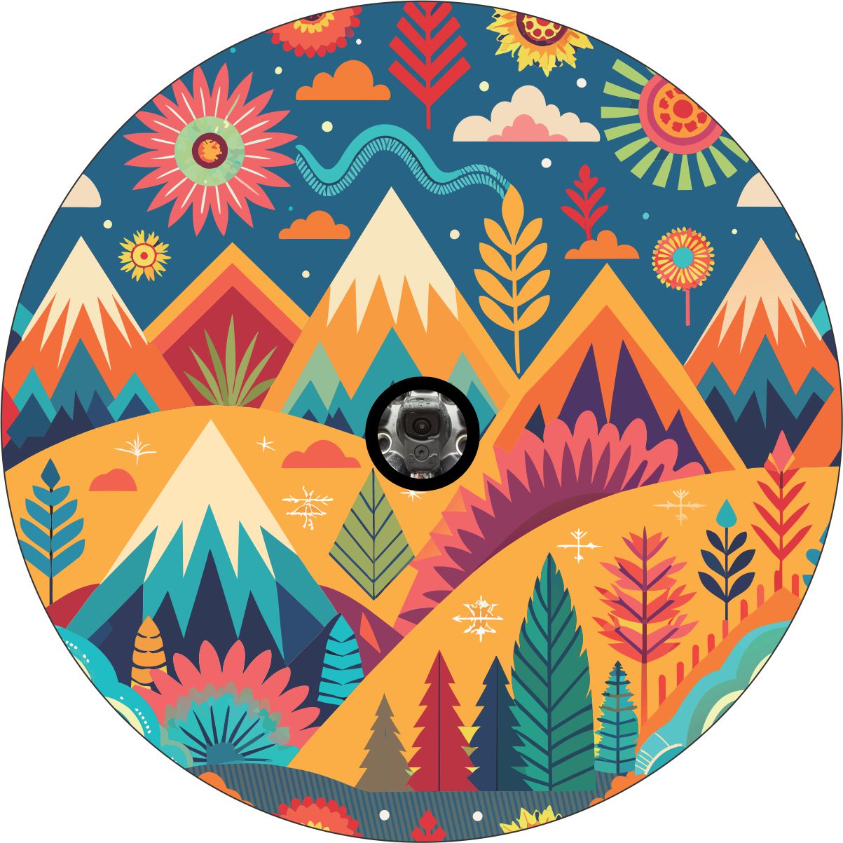 A mockup example of a colorful BOHO Ornamental Geometric Mountain Landscape Spare Tire Cover Design for an external spare wheel with a backup camera in the center of the wheel. 