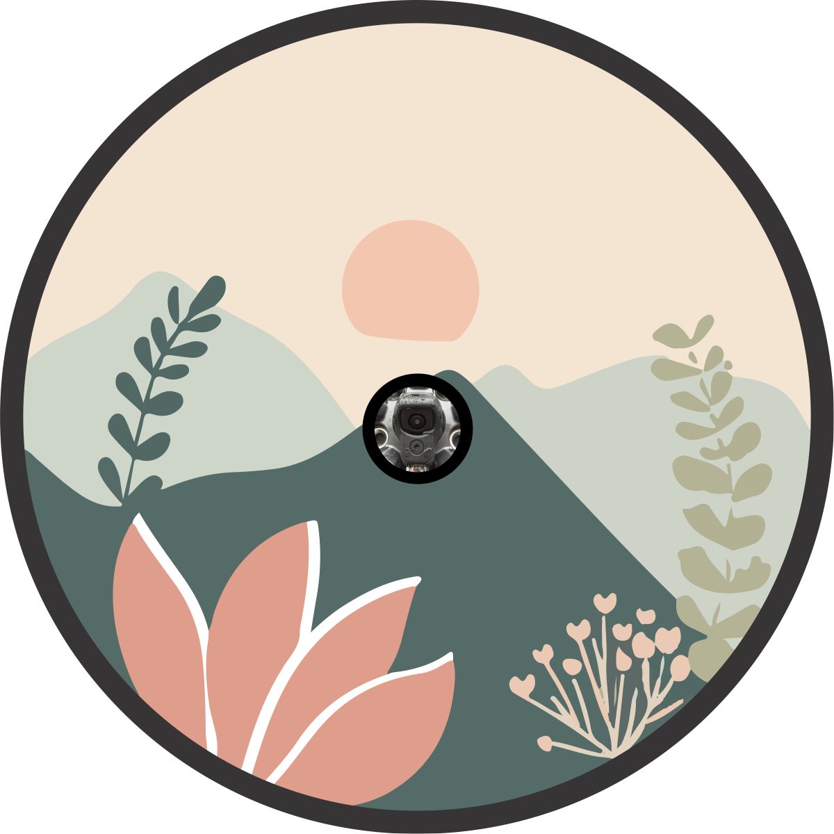 Pastel peachy pink florals and sunset plus soft teal mountain landscape mockup design for a vinyl spare tire cover with a middle backup camera hole.