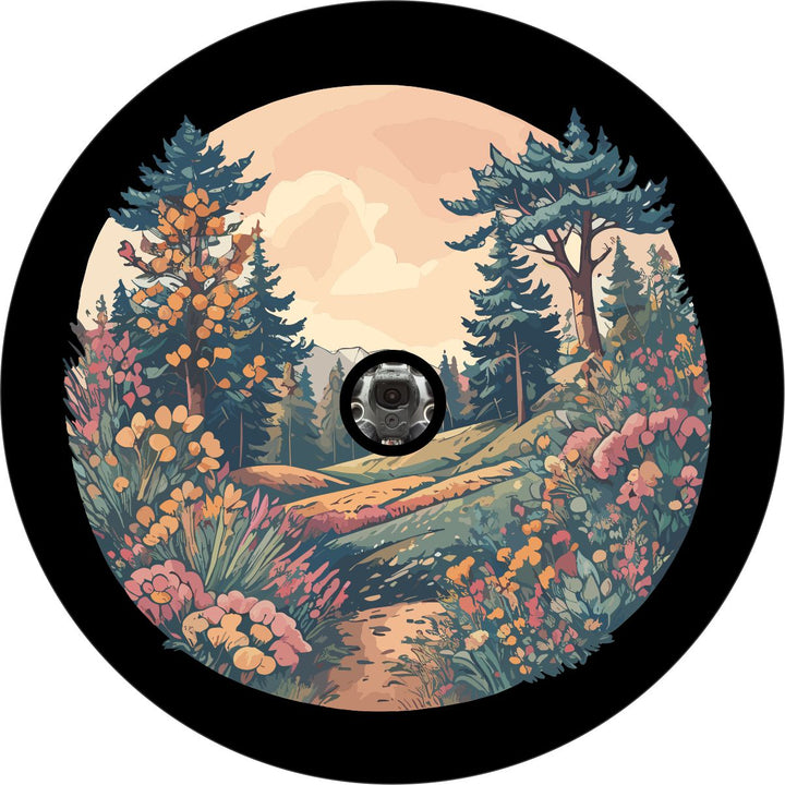 Mockup example of a spare tire cover with a backup camera hole of a watercolor painting design of mountains and the forest and flowers. 