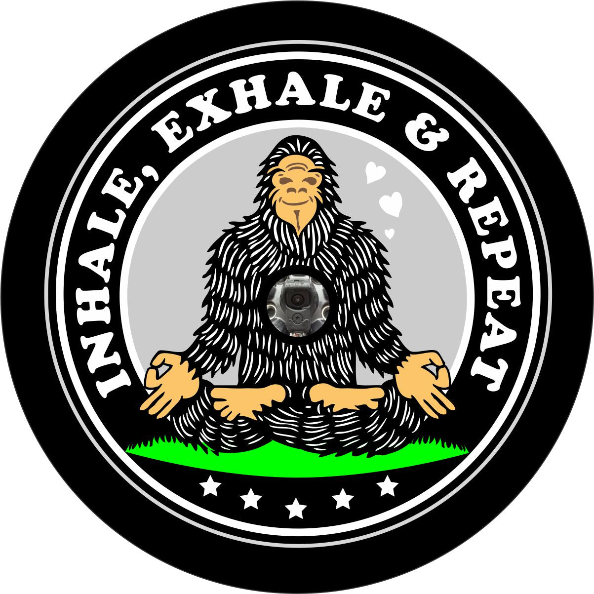 Sasquatch bigfoot taking some zen moments, meditating bigfoot doing inhale, exhale, repeat funny spare tire cover design for RV, Camper, Jeep, Bronco, etc. with a hole for a back up camera